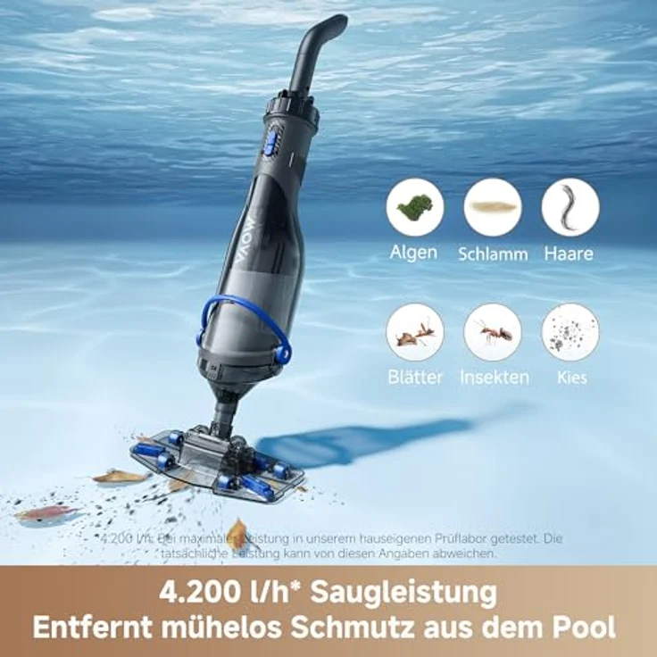 MOVA Handler V10, Kabelloser Poolsauger mit 4.200 L/h Saugleistung, 60 Min Laufzeit, transparentem Saugkopf, 1,8 m Teleskopgriff – Bild 3