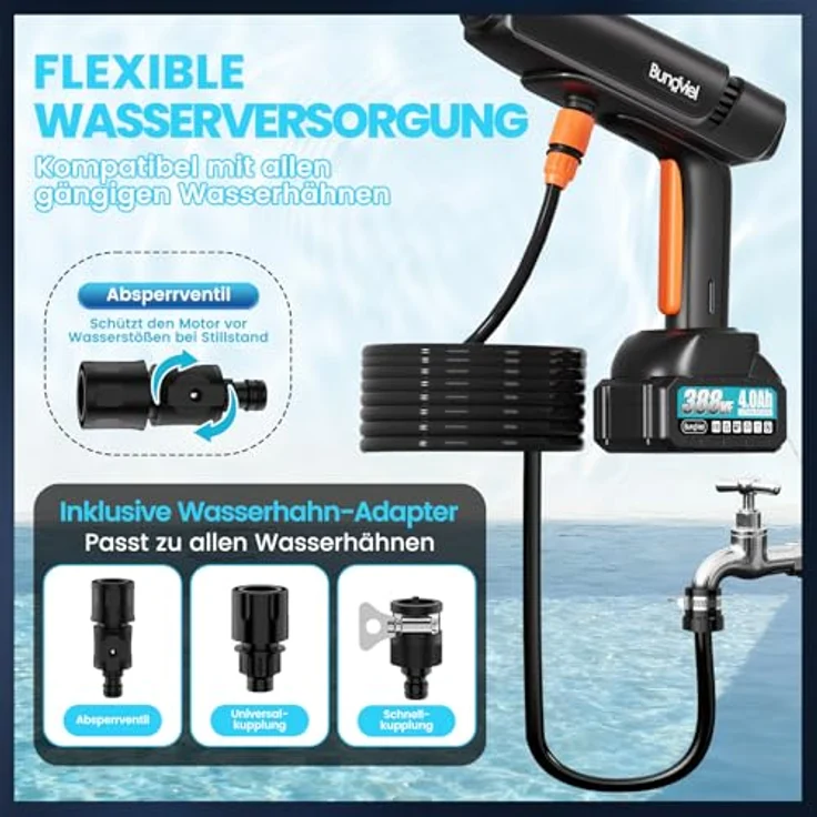 Bundviel 180Bar Akku Hochdruckreiniger, 6-in-1 Druckreiniger mit 2×4000mAh Akkus und 180° Rotationsdüse für Auto, Terrasse und Outdoor-Reinigung – Bild 6