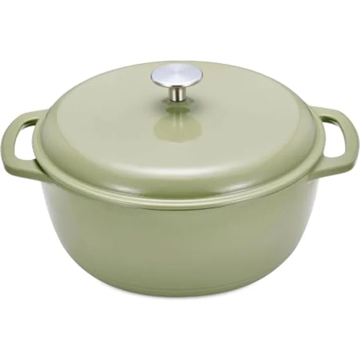 Amazon Basics Schmortopf Rund, 6,9 L emailliertes Gusseisen in Olivgrün, geeignet für alle Herdarten und Backofen bis 260°C – Bild 1