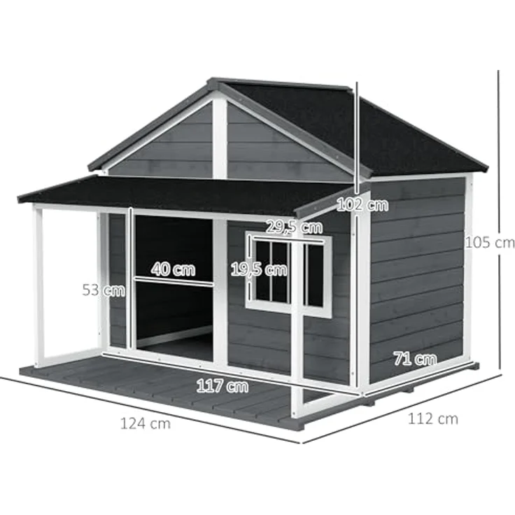 PawHut Hundehütte aus Massivholz Kleintierhaus Hundehaus mit Terrasse Asphaltdach Outdoor wetterfeste Hütte für draußen Grau 124 x 112 x 105 cm – Bild 5