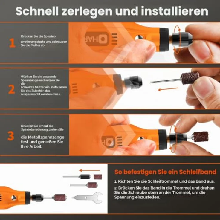 HARDELL Mini Akku Rotationswerkzeug, 5 Geschwindigkeiten (5000-18000 U/min), 3,7V mit 69 Zubehörteilen, LED-Licht, orange – Bild 3