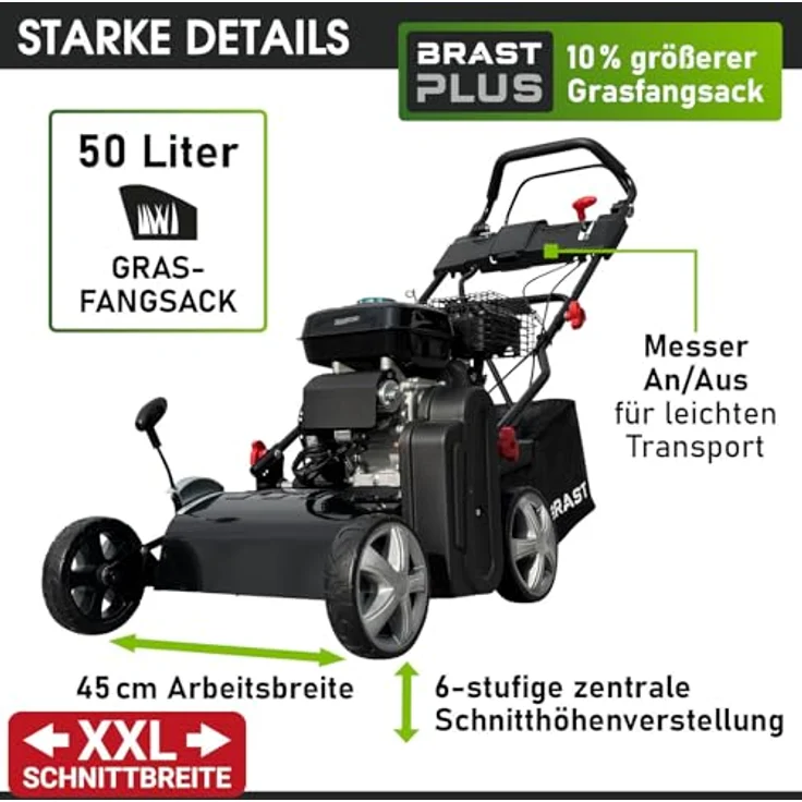 "BRAST Benzin-Vertikutierer 45212 ESTART, 4,5kW (6,12PS) Motor, 212ccm, 45 cm Arbeitsbreite, Elektro-Start-Funktion, TÜV geprüft, 50L Fangkorb" – Bild 5