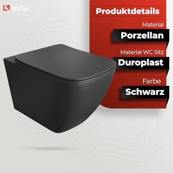LAVITA Wand-WC Onil Black | Hänge Toilette mit Absenkautomatik & Spülrandlos Hängend | 355x510x395 mm | Schwarz – Bild 3