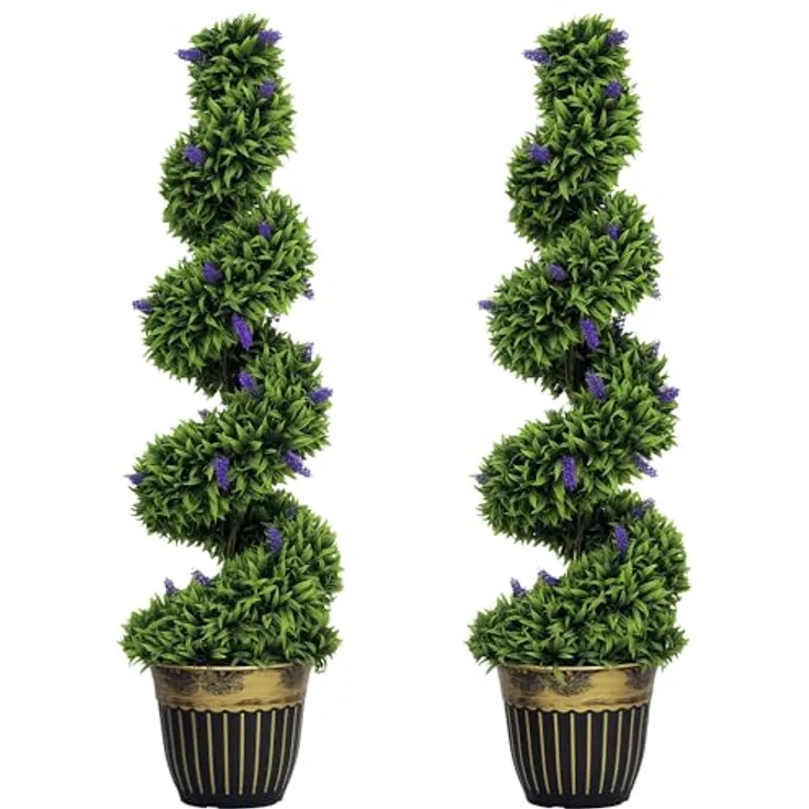 HOMCOM 2er Set Künstlicher Spiralen-Buchsbaum mit Lavendel, 115 cm große Kunstpflanze im eleganten schwarz-goldfarbenen Topf, UV geschützt für Innen- und Außenbereich