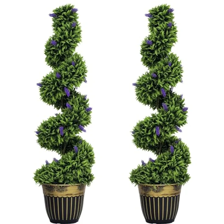 HOMCOM 2er Set Künstlicher Spiralen-Buchsbaum mit Lavendel, 115 cm große Kunstpflanze im eleganten schwarz-goldfarbenen Topf, UV geschützt für Innen- und Außenbereich – Bild 1