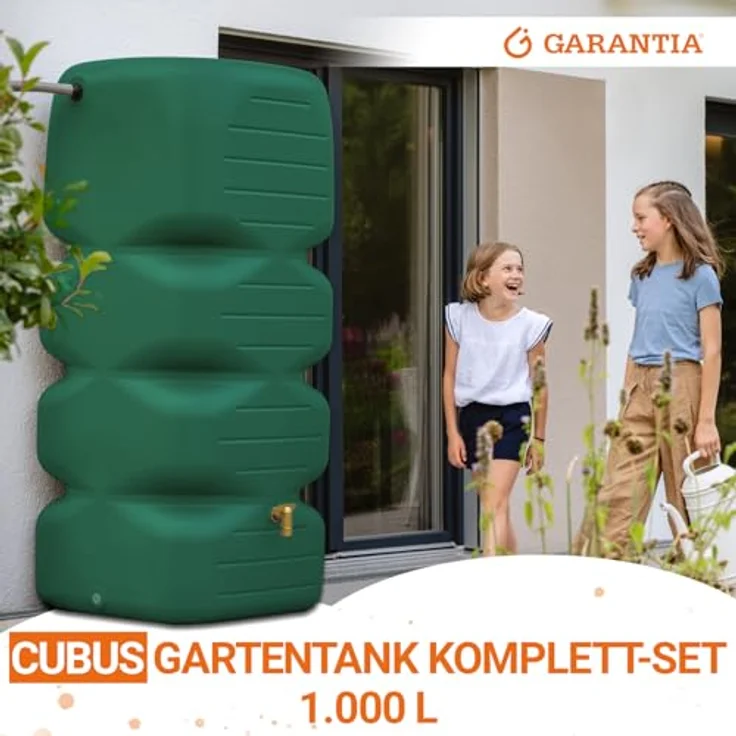 GARANTIA Regentonne CUBUS Komplett-Set 1000 L, dunkelgrün, mit Auslaufhahn und Fallrohrfilter, 1000 l – Bild 2