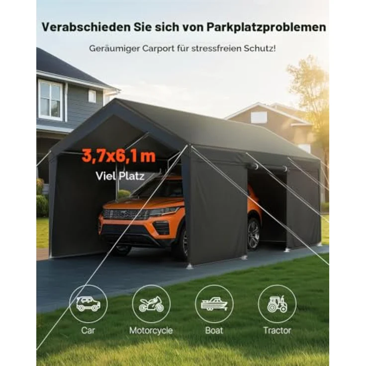 VEVOR Carport 3,65 x 6,09 m mit abnehmbaren Seitenwänden und Reißverschlusstür, UV-beständige Zeltgarage für ganzjährigen Autoschutz, grau – Bild 2