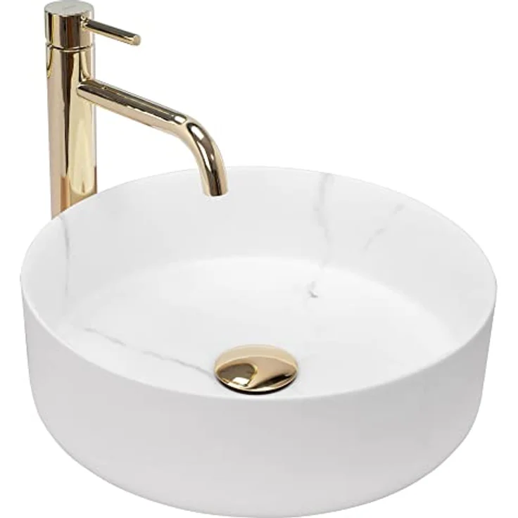 Rea Waschbecken Waschtisch Aufsatzwaschbecken Keramik Handwaschbecken Aufsatz Waschschale Marmor Grau Matt Rund 36x36 – Bild 1