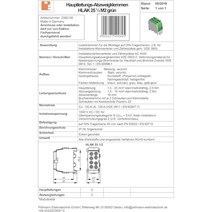 Pollmann Elektrotechnik Abzweigklemme HLAK25-1/2M2, flexible Klemme mit 1 Pol, grün – Bild 6