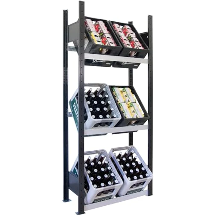 Schulte Lagertechnik Kellerregal Getränkekisten-Grundregal, schwarz/silber, 1800 x 750 x 300 mm, 3 Ebenen für 6 Getränkekisten – Bild 1
