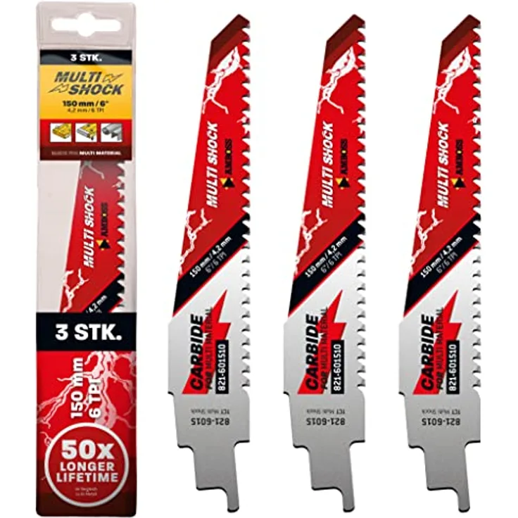 AMBOSS MULTI SHOCK - 3x Säbelsägeblatt Länge 150 mm / 6 ZpZ - ideal für Holz mit Nägeln und Holz mit Schrauben sowie Stahl - Multi Material