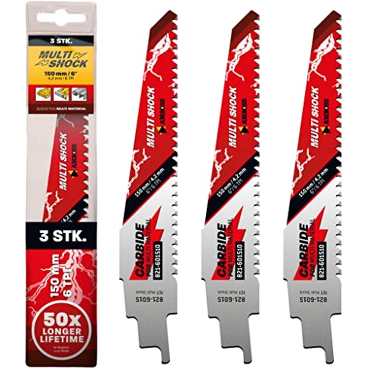AMBOSS MULTI SHOCK - 3x Säbelsägeblatt Länge 150 mm / 6 ZpZ - ideal für Holz mit Nägeln und Holz mit Schrauben sowie Stahl - Multi Material – Bild 1