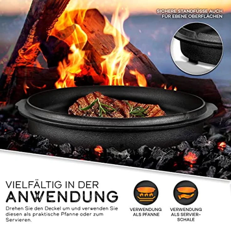 grillas Dutch Oven Set 4,2 Liter - Topf mit Füße Deckelheber BBQ Gusseisen Feuertopf Gusstopf Schmortopf – Bild 4