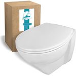 Calmwaters® Erhöhtes Wand-WC spülrandlos Modern Plus mit Toilettendeckel, 6 cm Erhöhung, inklusive abnehmbarem WC-Sitz mit Absenkautomatik und Schnellbefestigung, Tiefspüler, Weiß, 08AB5815