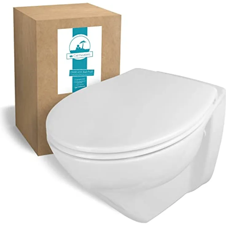 Calmwaters® Erhöhtes Wand-WC spülrandlos Modern Plus mit Toilettendeckel, 6 cm Erhöhung, inklusive abnehmbarem WC-Sitz mit Absenkautomatik und Schnellbefestigung, Tiefspüler, Weiß, 08AB5815