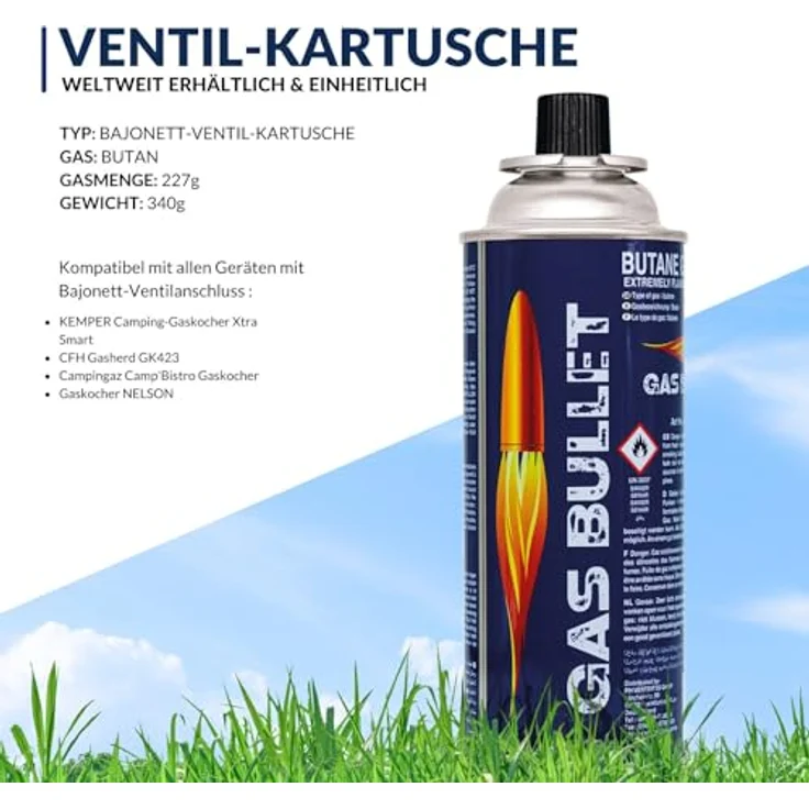 Gas Bullet ® Gaskartusche 227g mit Bajonett-Ventil (MSF-1a) | Butan | Ideal für Camping und Outdoorküchen | Sichere Anwendung und langlebige Leistung – Bild 2