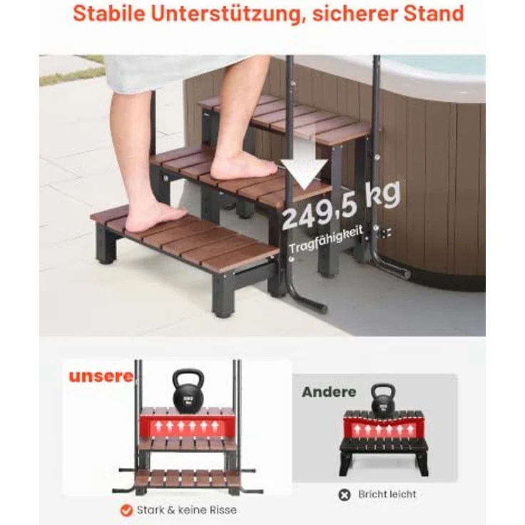 VEVOR Badewannenstufe Pooltreppe 3-stufige Außentreppe, 640 mm breit, 249 kg Tragkraft in Braun & Schwarz, rutschfeste Trittflächen, vielseitig für Pools und Terrassen – Bild 2