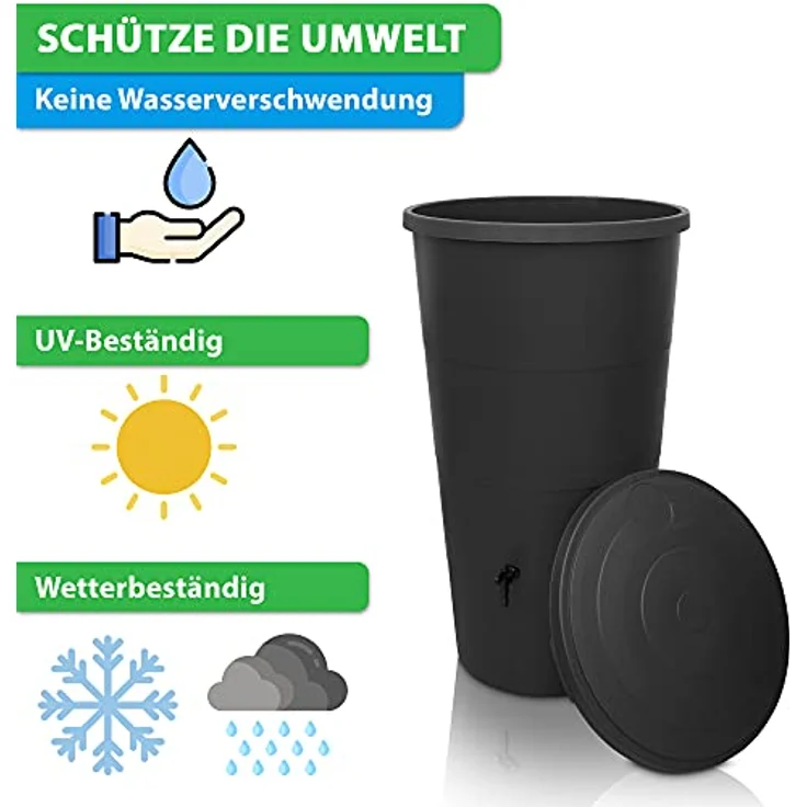 YourCasa Regentonne 160 Liter mit Anschlusset & Bohrer, Anthrazit, Wetterfest, Kunststoff, Wasserhahn, für Garten – Bild 4