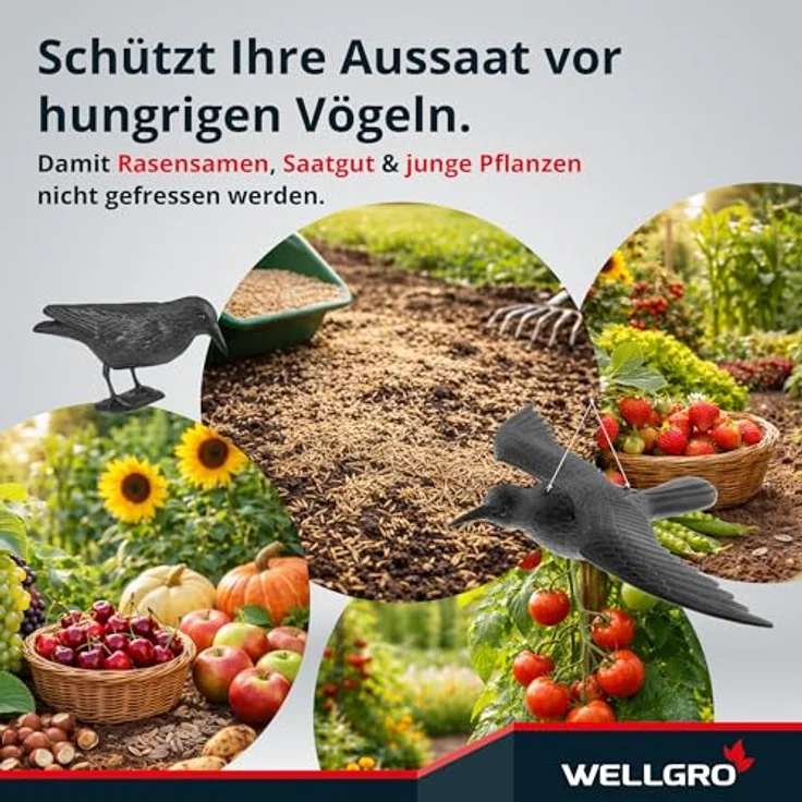 WELLGRO Vogelschreck Krähe, realistische Raben Attrappe zur Vogel- und Taubenabwehr, fliegend, schwarz, wetterfest aus Kunststoff für Balkon und Garten – Bild 3