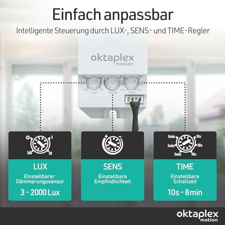 Oktaplex motion Jana, Einbau Bewegungsmelder 360 Grad Infrarot, 6m Reichweite, IP65, für Decke/Wand, 50 cm Kabel, weiß, 2er Set – Bild 4