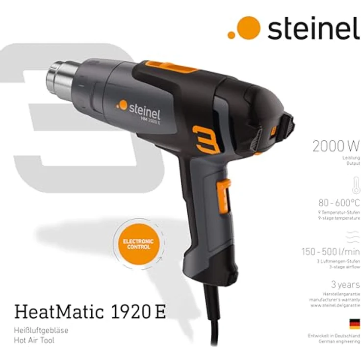 Steinel Heißluftpistole HM 1920 E, 2000 W Heißluftfön, 80°-600°C, Keramikheizung, Heißluftgebläse zum Schrumpfen, Folieren, Kunststoff-Schweißen – Bild 4