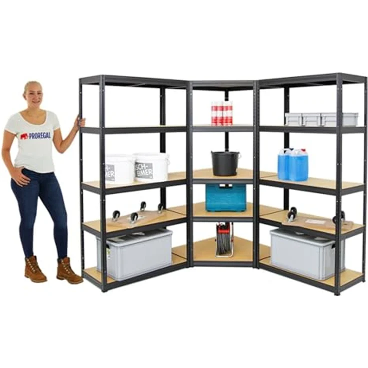 Proregal Eckregal Mega Deal + 2x Schwerlastregal Slim Elephant S, 5 Böden, Traglast 250 kg pro Boden, pulverbeschichtet, Steckmontage, H180 x B90 x T45 cm – Bild 3
