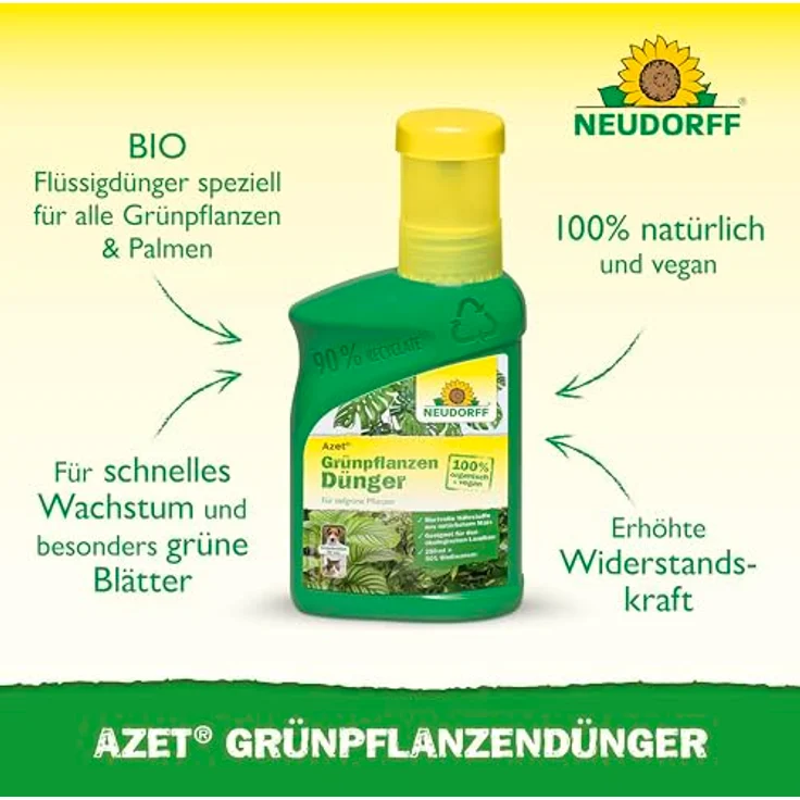 Neudorff Azet GrünpflanzenDünger, 250 ml Bio Dünger für 50L Gießwasser, 100 % organisch und vegan, für schnelles Wachstum und tiefgrüne Blätter aller Grünpflanzen und Palmen, mit Dosierbecher – Bild 2