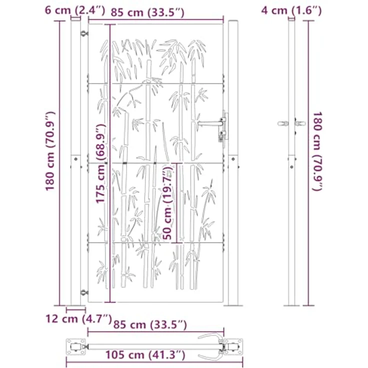 vidaXL Gartentor Schwarz, 105 x 175 cm, pulverbeschichteter Stahl mit stabilem Riegelverschluss und modernem Laserschneider-Design – Bild 9