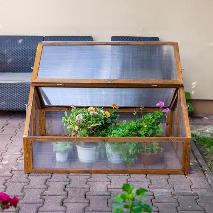 Greenspot Garten-Frühbeet 120 x 80 x 60 cm, Mini-Gewächshaus aus Holz in Palisander mit öffnender Abdeckung für Hochbeet, ideal für Kräuter, Gemüse und Blumen – Bild 7