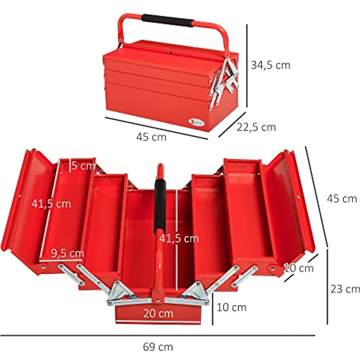 DURHAND Werkzeugkasten Werkzeugkoffer Montage Werkzeugkiste leer platzsparend mit 5 Fächer aufklappbar stabil Stahl (SPCC) Rot 45 x 22,5 x 34,5 cm – Bild 3