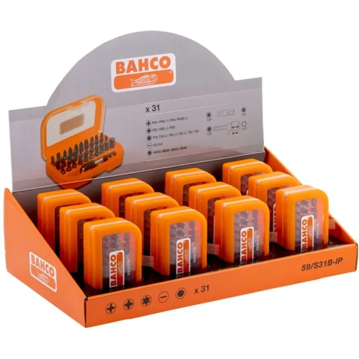 Bahco 1/4-Bitsatz, 31-teilig für Schlitz-, Phillips-, Pozidriv-, TORX- und Sechskantschrauben, inklusive magnetischem Bithalter und Einsteckadapter, kompakte Kunststoffbox mit Gürtelclip