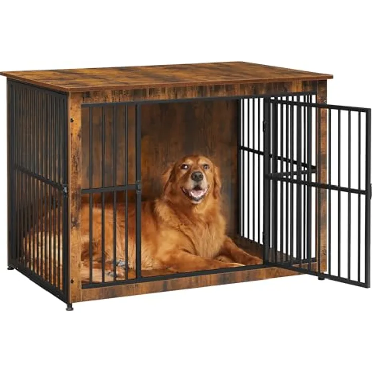 Feandrea Hundekäfig Möbel, Beistelltisch, Moderne Hundehütte Indoor für Hunde bis zu 37 kg, vintagebraun, geschlossener Boden, 2 Türen