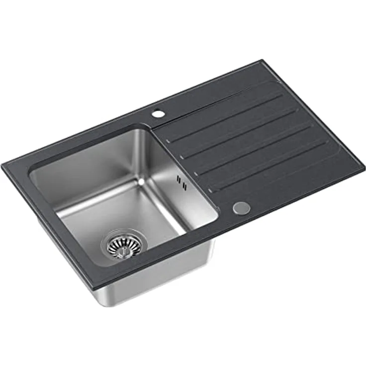 QUADRON Spülbecken Schwarz | Edelstahlspüle KENNETH 111 Einzelbecken mit Stahlkammer | Granit & Edelstahl | mit Siphon und Schraubverschluss | Größe 78 x 48 cm | mit Abtropffläche