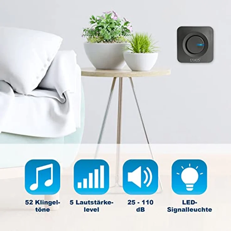 Eaxus® Funk Türklingel Kabellos mit 2 Empfängern - Funkklingel Batteriebetrieben mit 52 Melodien, LED Anzeige, IP56 Wasserdicht, Schwarz – Bild 3