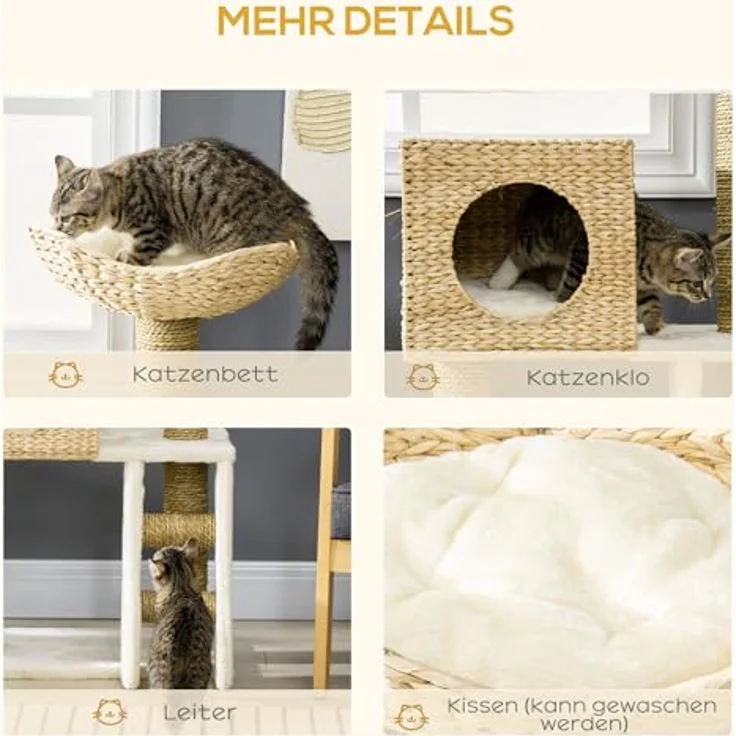 PawHut Kratzbaum 100,5 cm Katzenbaum mit Katzenhöhle, Bett, Treppe, Sisal-Kratzsäulen und Kissen, für Katzen bis 4,5 kg, Natur – Bild 4