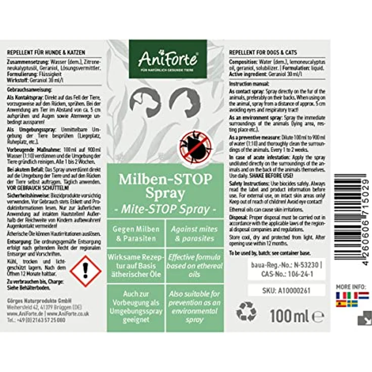 AniForte Milbenspray für Hunde & Katzen 100 ml - Antimilbenspray zur effektiven Abwehr von Insekten, Parasiten & Ungeziefer, Milbenstop & Milbenschutz bei Milbenbefall – Bild 5