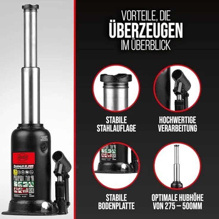 HEYNER® DoubleLift 5t PRO, Hydraulischer Stempelwagenheber mit Hubhöhe 225–500 mm für SUV, Transporter und Wohnmobil, inkl. Tasche & Gummigriff, schwarz – Bild 6