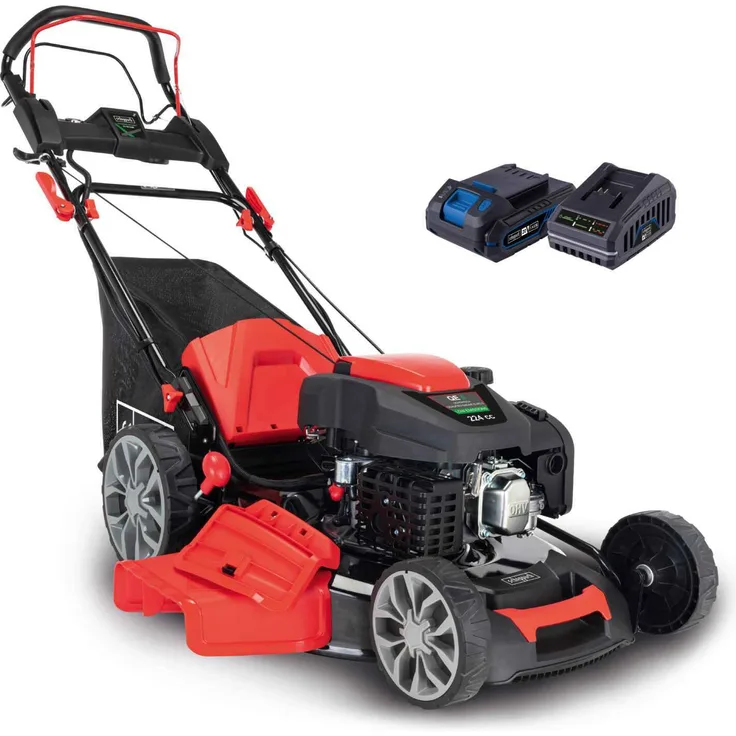 Scheppach Benzin-Rasenmäher MS225-56E, E-Start | Radantrieb | 6PS | 56cm Schnittbreite | 65 Liter Fangkorb, blau