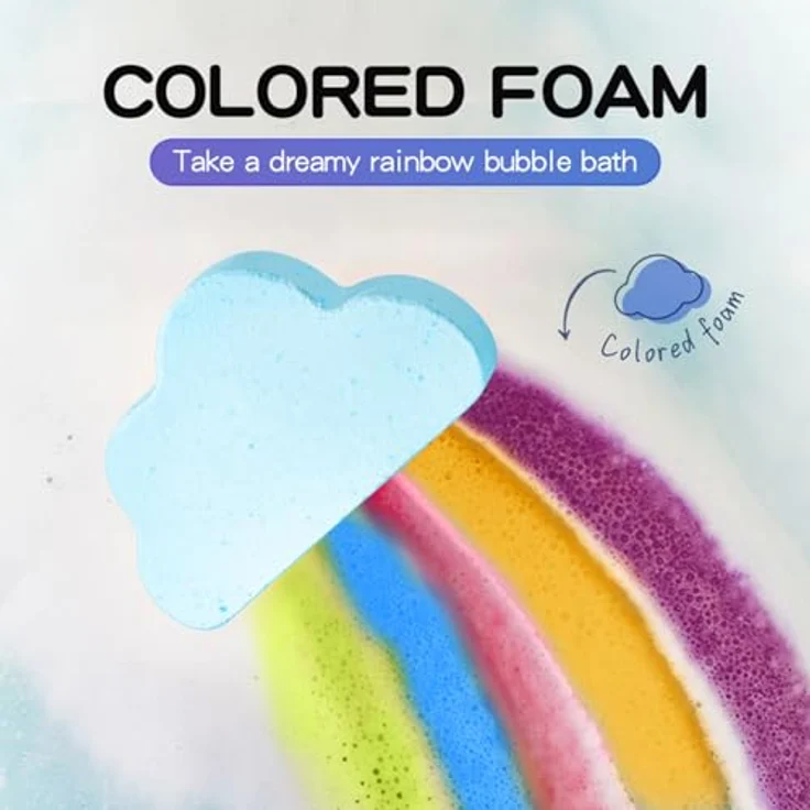 Crsetmyth Rainbow Clouds Badebomben, 4x120g Bunte Badekugeln mit ätherischen Ölen für Entspannung und Feuchtigkeit, perfekt für Damen und Herren – Bild 2
