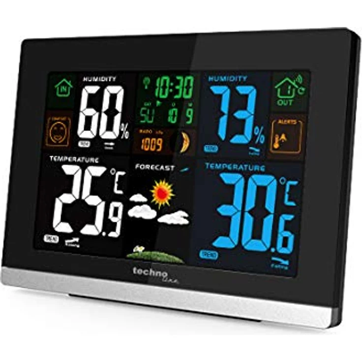 Technoline WS 6462 Funkwetterstation, Innentemperatur, Außentemperatur, Luftfeuchte, Luftdruck, Tendenzanzeige, Farbdisplay, Funkuhr, Mondphasen hochglanz-schwarz,quer – Bild 3