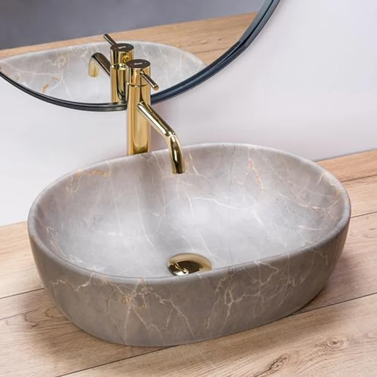 Rea Aufsatzwaschbecken Keramik Oval grau, freistehend, 48x35 cm, ohne Armatur- und Überlaufloch – Bild 2