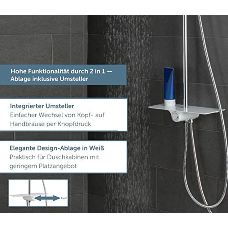 SCHÜTTE AQUASTAR Duschset Regendusche mit Ablage, Duschsystem mit 5-fach verstellbarer Handbrause, Duschsäule mit Duschkopf, Duschset in Chrom/Weiß – Bild 2