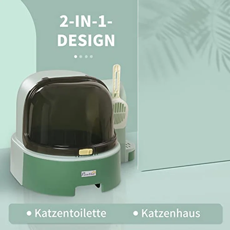 PawHut Katzentoilette, Katzenhaus, Katzenklo inklusive Schaufel, 2 Herausziehbarer Bodenwannen, Haube, Grün, 52 x 60 x 42 cm – Bild 4