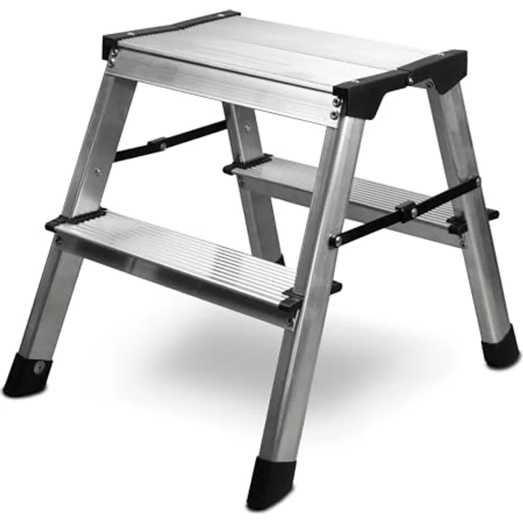 siwitec Alumium-Klapptritt 2 Stufen | Kleine Trittleiter | rutschfeste Standfüße | 150 kg Traglast | Geriffelte Stufen | Platzsparend | Klappleiter – Bild 1