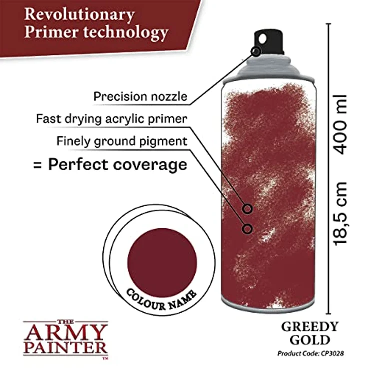 The Army Painter Color Primer Greedy Gold, 400 ml Acryl Sprühgrundierung, Sprühfarbe für Miniaturgrundierung, Tisch-Rollenspiele, Brettspiele und Wargames Miniaturmodellierung… – Bild 3