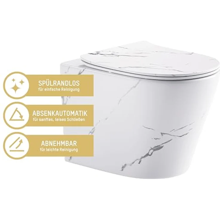 sanicomfort Hänge WC Set Nakia – Spülrandloses, Hygienisches Wand-WC Tiefspüler in Marmor, Modern inkl. Soft-Close WC-Sitz – Bild 2