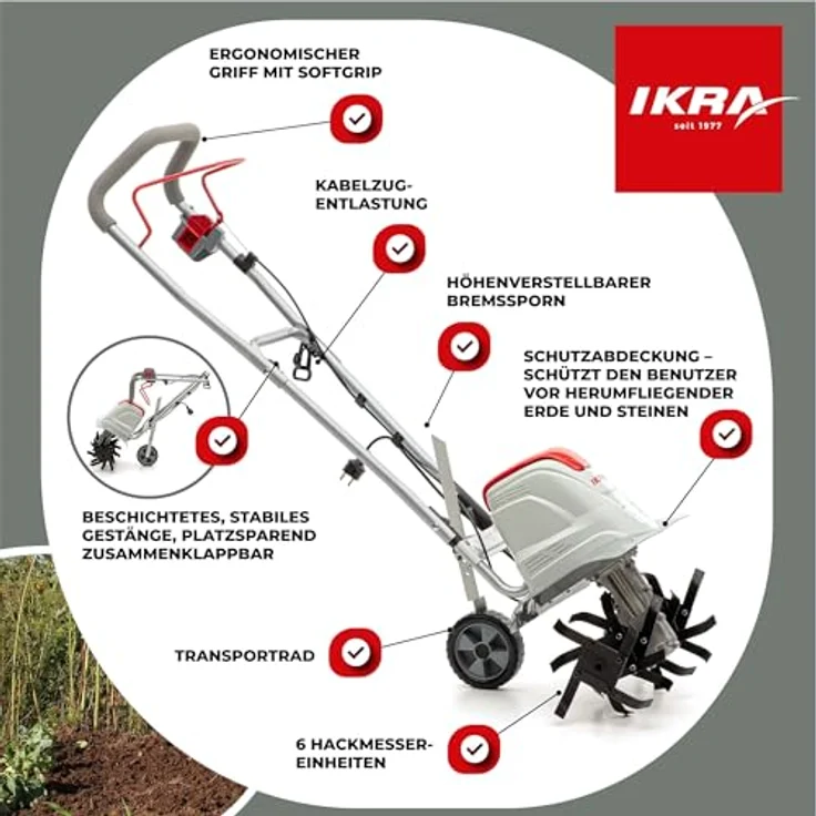 IKRA Elektro Bodenhacke Kultivator FEM 1500 flexible Arbeitsbreite 17-45cm Arbeitstiefe bis 23cm starke 1500W – Bild 6