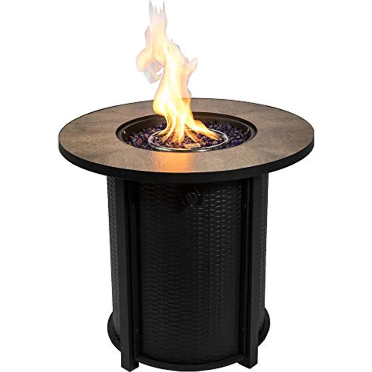 Teamson Home Draussen Garden Hoher Runder Propangas-Feuerstellen-Tischbrenner, Rauchfreie Feuerstelle, Terrassenmöbel-Heizung mit Deckel, Lavasteinen und Abdeckung