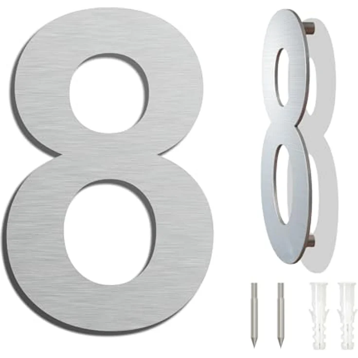Ywonoby Edelstahl Hausnummer, Wetterfest und Pflegeleicht, Metallic Mattes Silber Finish, Höhe 152 mm, Arial Ziffer 8, Moderner Schwebender Aussehen, Einfache Installation – Bild 1