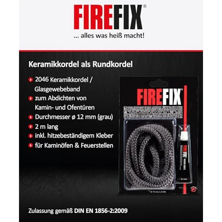 FIREFIX FIREFIX 2046 Keramikkordel ø 12mm grau, 2m Dichtschnur für Kaminofen, hitzebeständig bis 1100 °C, Rundkordel mit Kleber 17ml – Bild 2